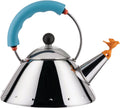 Alessi Kettle 9093/1 LAZ - Bollitore di Design, Adatto a Cottura ad Induzione, Fondo in Acciaio Inossidabile Lucido 18/10 con Manico e Fischietto a Uccellino in PA, Azzurro Chiaro, 100cl(Azzurro)