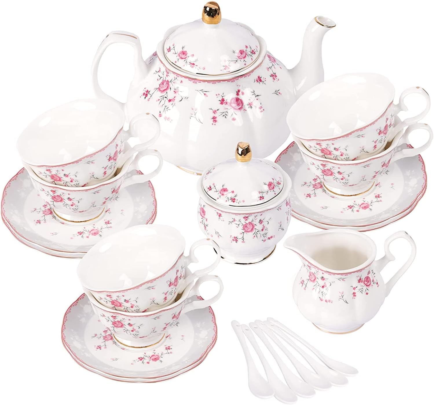 fanquare Set di 6 Tazza da Tè Fiori Rosa e Piattino, Set di Tazze Pomeridiane Vintage Inglesi, Tazza da Caffè in Porcellana con Bordo Dorato, 150 ml(Rosa)