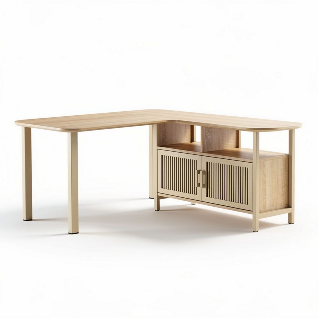 Scrivania angolare in legno con ripiani aperti e ante chiuse 150 x 75 x 75cm