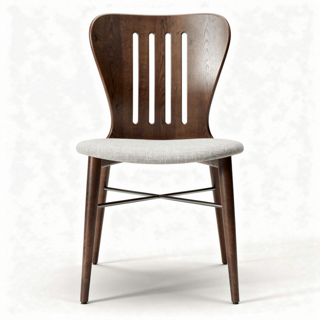 Sedia in legno scuro con seduta in tessuto grigio 45 x 45 x 85cm