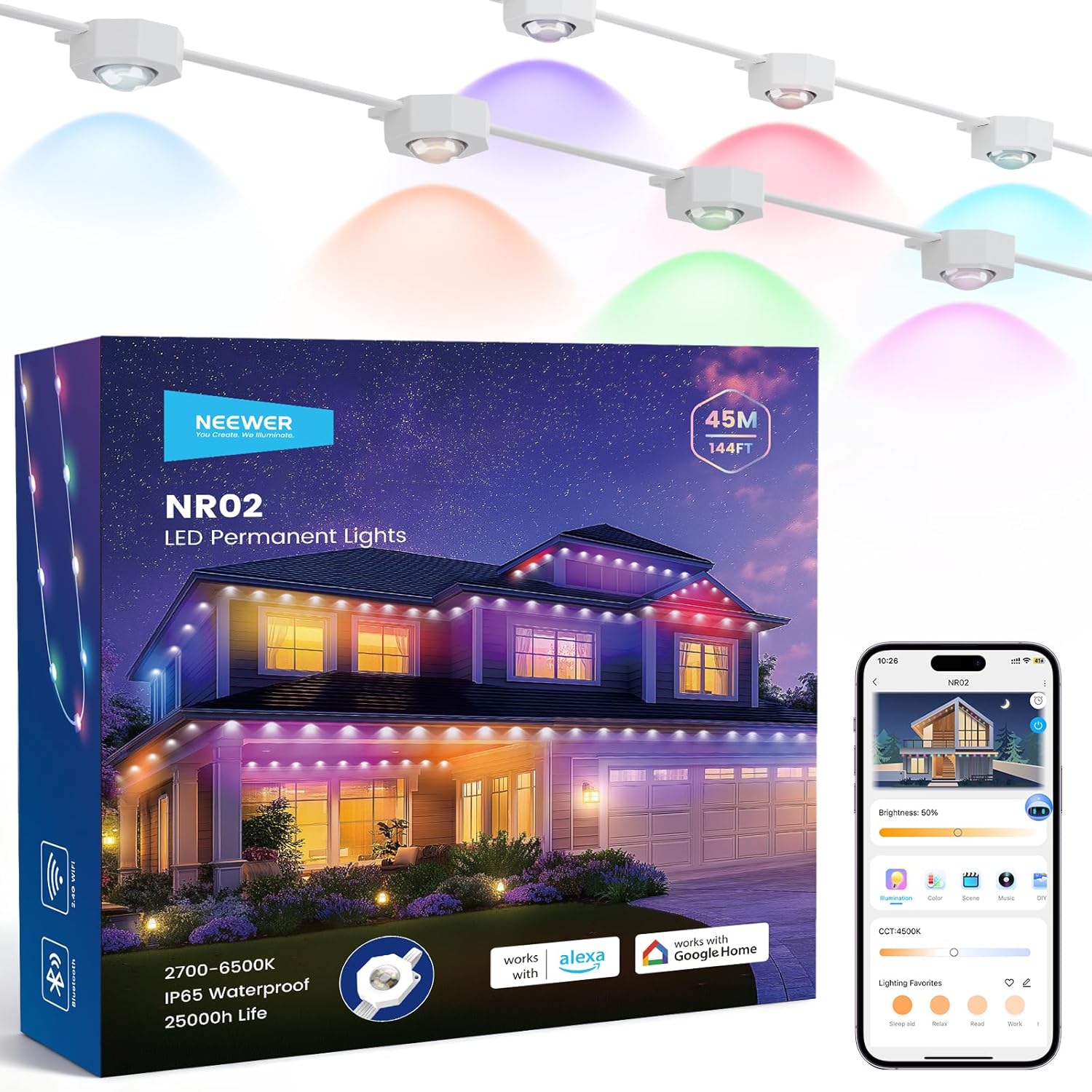 NEEWER 15M Permanent Outdoor Lights for Home Decoration, Fairy Lights for Outdoors Gutters Christmas Smart AI RGBCW, 30 LED Light App Control 50+ Scene IP65 Waterproof, Compatible with Alexa, NR02(144ft/45m)