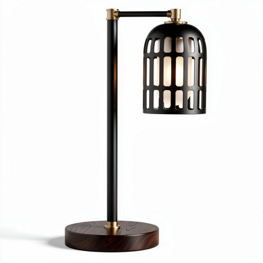Lampada da tavolo in legno massello e metallo con griglia dimensioni 20 x 20 x 50cm
