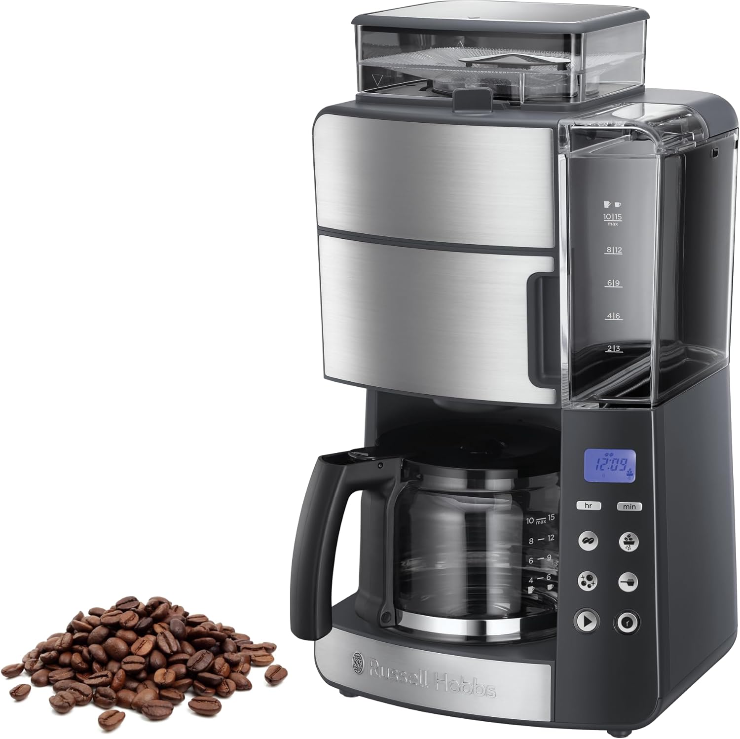Russell Hobbs Macchina Caffé Americano con Macinacaffé Integrato - Timer digitale, Filtro per Estrazione e Aroma ottimali - Caraffa in Vetro; Max 10 tazze, 3 livelli di Macinatura, GrindBrew 25610-56(Moderno)