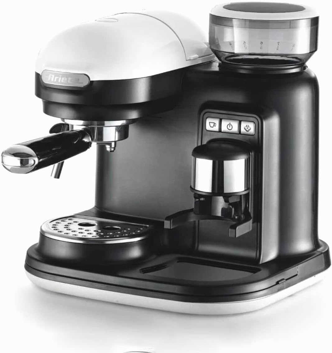 Ariete 1318 Moderna Macchina per caffè espresso con macinacaffè integrato, per caffè in grani e macinato, cappuccinatore per schiuma di latte, 1 filtro, 1080 W, 800 cc, bianco(Bianco)