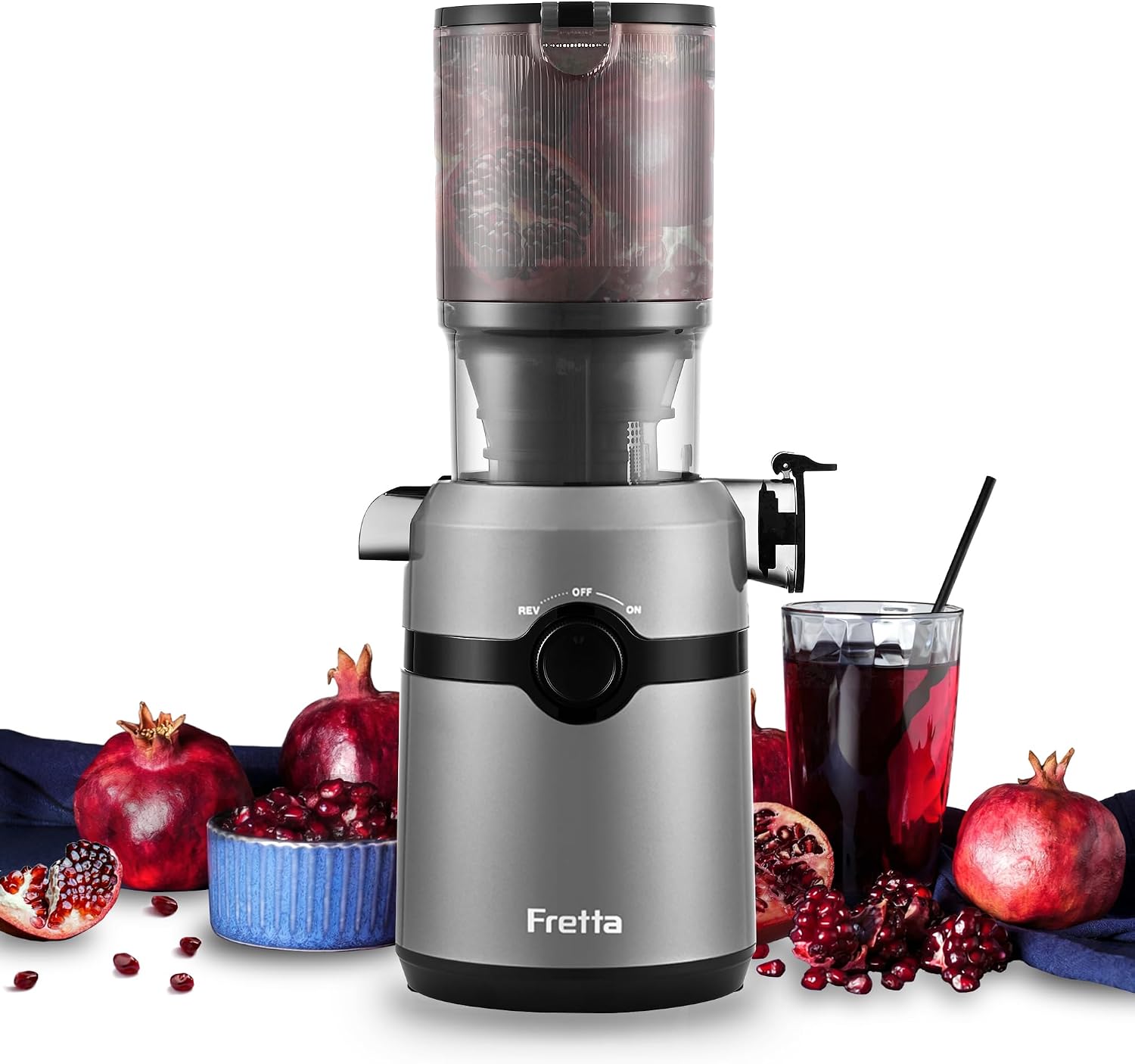 Fretta Estrattore frutta e verdura, apertura 108MM e capacità di 1L estrattore di succo, 200W centrifuga Lenta, 99% nutrienti preservati, senza BPA, facile da smontare e pulire(Grigio/1L)