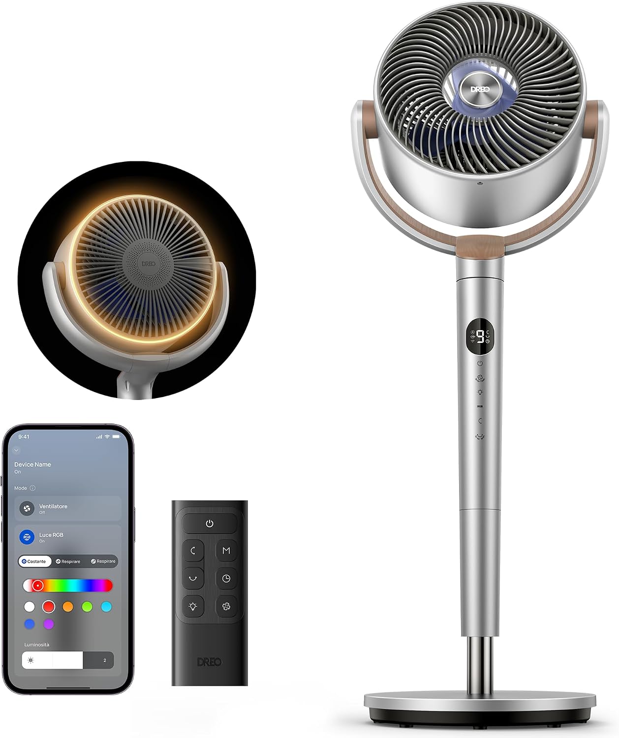 DREO ventilatore a piantana silenzioso 20 dB con oscillazione omnidirezionale 120°+120°, portata del vento fino a 26 m, flusso d’aria 1615 m³/h, altezza regolabile 94–107 cm, 3 modalità e 8 velocità.(Argento/WIFI+LED)