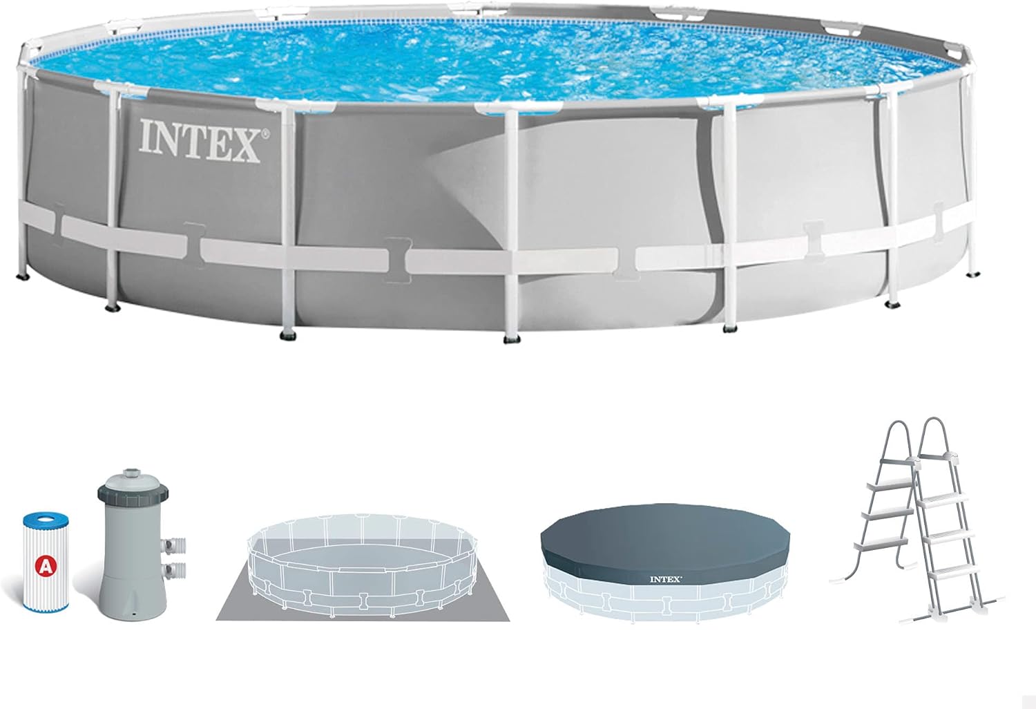 Intex 26702NP – Prism Frame Round Above Ground Swimming Pool, Filter Pump 1250 L/h, 4485 L, Steel and PVC, Grey, 305 x 76 cm(457x107 cm/With filter pump)