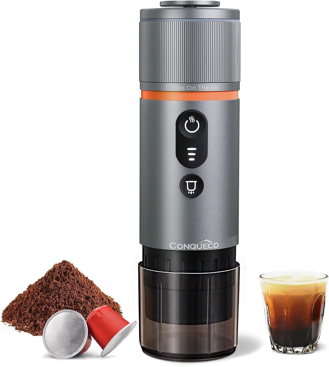 CONQUECO Macchina da Caffè Espresso Portatile - Caffettiera Elettrica da Viaggio con Batteria - per 12V Auto e Camion e Campeggio - Compatibile con la Capsula Nespresso e la Capsula L'or(Grigio)