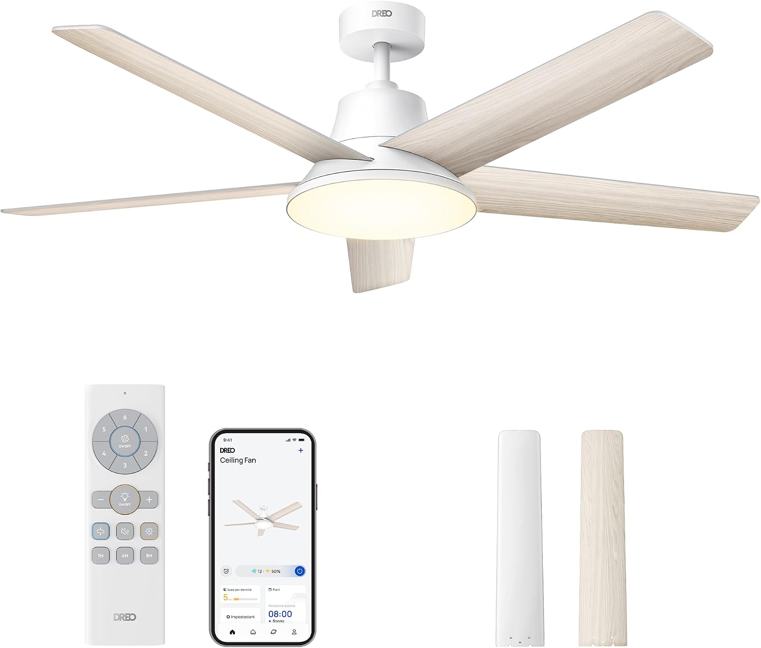 DREO Ventilatore Soffitto Intelligente con Luce, 132 cm, 12 Velocità, 3 Modalità Ventilatore, Tonalità Colore Continue, LED Regolabile, 12H Timer, Motore CC Silenzioso, Controllo Remoto/APP(Bianco)