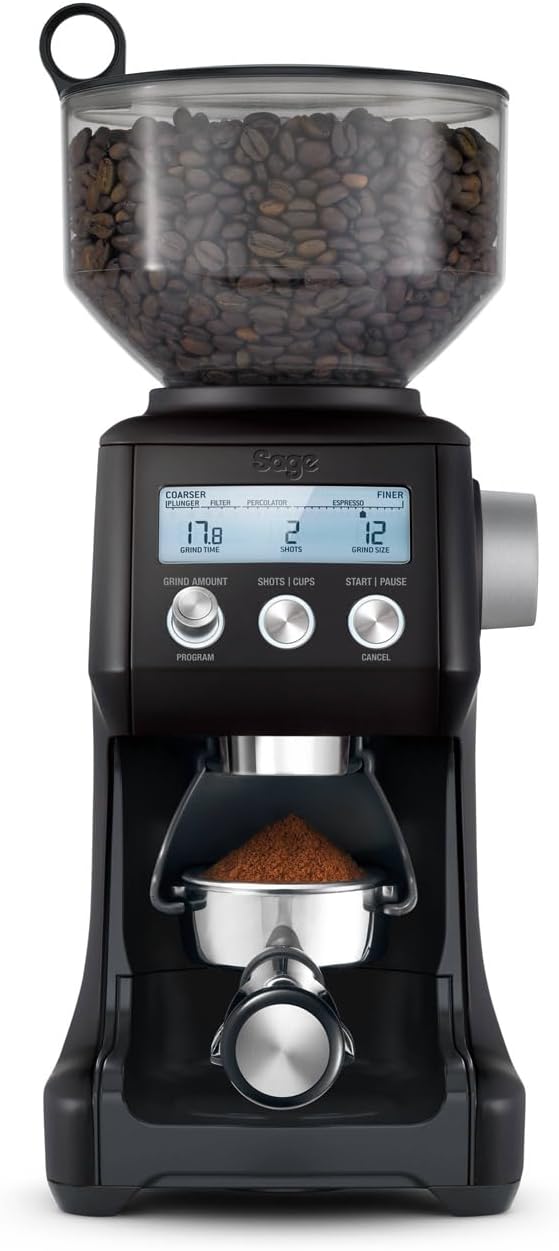 Sage The Smart Grinder Pro, Acciaio Inox Spazzolato | 60 Impostazioni di Macinatura, Dosing iQ al 1/5 di Secondo, Display LCD; Macina in Portafiltro, Filtro o Contenitore(Tartufo Nero)