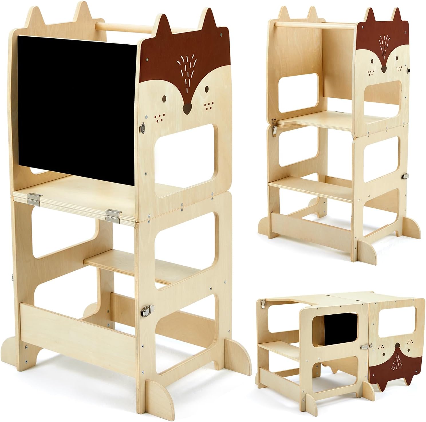 labebe torre montessoriana bambini（Altezza 98 cm）, grandi dimensioni torre montessoriana pieghevole in legno, 3 in 1 set di scrivania e sedia per bambini trasformabile con lavagna(Volpe)