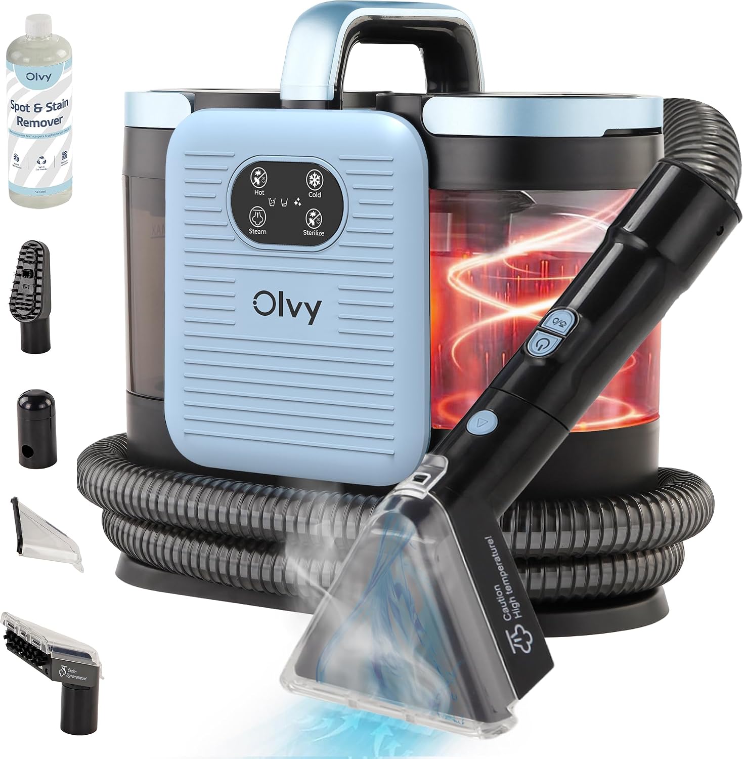 Olvy Pulitore per Tappeti PRO – Aspiratore a umido e pulitore a vapore per imbottiti – Pulitore a vapore a 100°C – Dispositivo per pulizia divani – Aspiratore per imbottiti a umido – 1650W