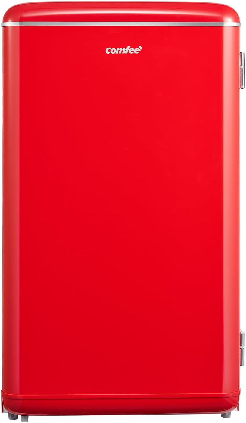 COMFEE' RCD93RE2EURT(E) Piccolo frigorifero 93Litri, Design retrò, Mini frigo da tavolo, Termostato regolabile, Silenzioso, Adatto per casa, ufficio e hotel, Rosso(Design retrò/Rosso)