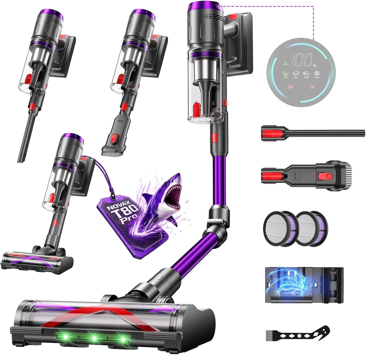 Circlio Aspirapolvere Senza Fili, 600W/58000Pa, Scopa Elettrica Senza Fili 75 Min, Aspirapolvere Senza Filo con LED Touchscreen, Autoportante Anti-Avvolgimento per Tappeti/Pavimenti/Peli Animali(Viola Chiaro)