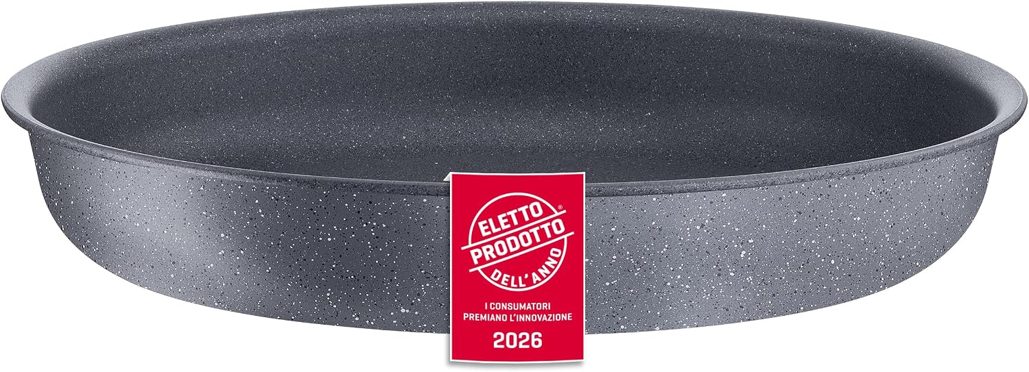 Lagostina Ingenio Mineralis Set Padelle Antiaderenti con Corpo in Alluminio 100% Riciclato, Adatto all’Induzione, 10 Pezzi, Casseruola 16cm, Padella 28cm, Tegame 24cm, Wok 26cm, 5 Coperchi e Manico(Padella/Ø 22 cm/Grigio)