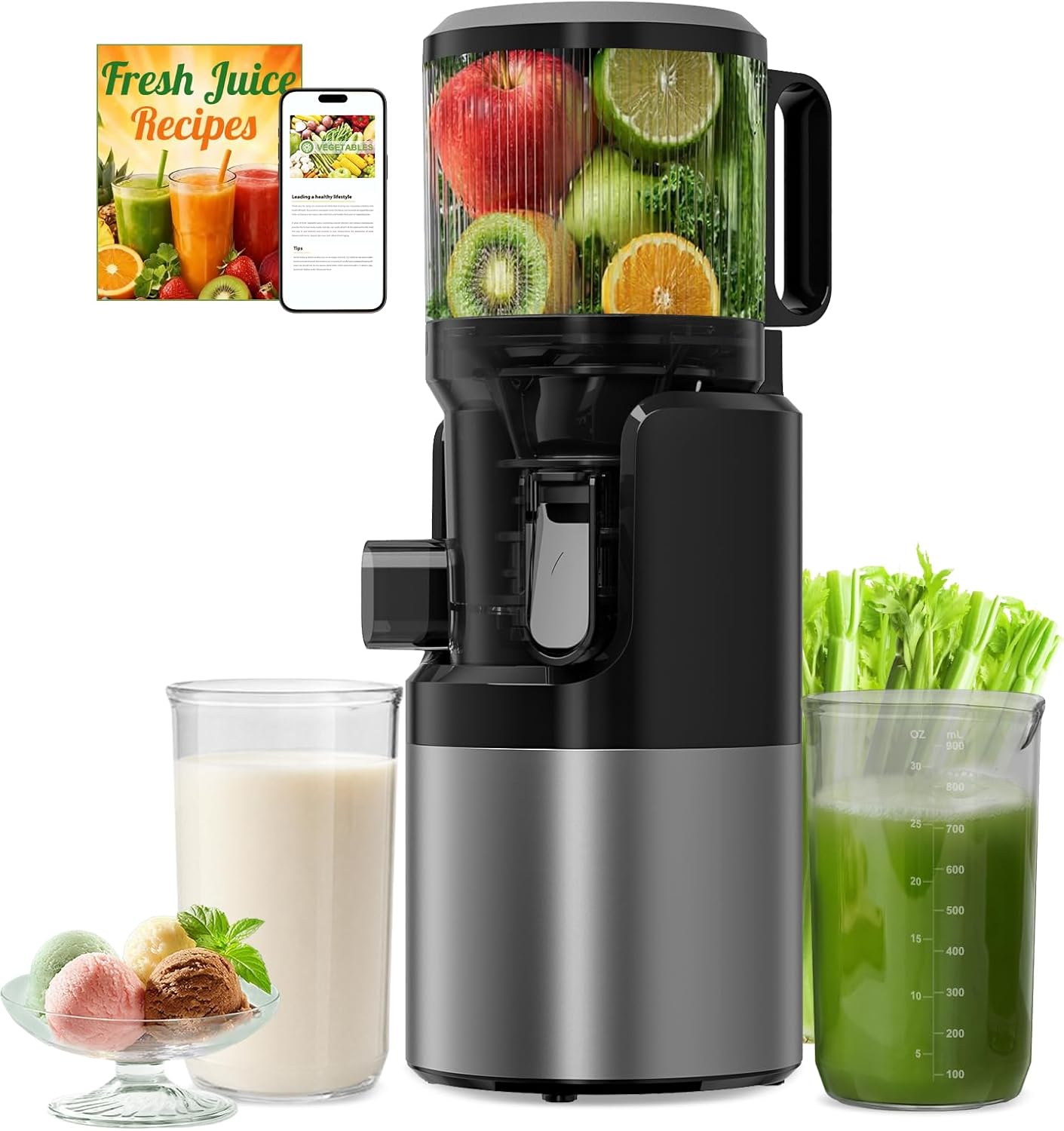 Estrattore Frutta e Verdura a Freddo 400W, Slow Juicer con Bocca XL 152 mm per Frutta e Verdura Intere, 3 in 1 Succo Sorbetto Latte Vegetale, BPA Free, 1,8 L, Lavabile in Lavastoviglie(Grigio Titanio)