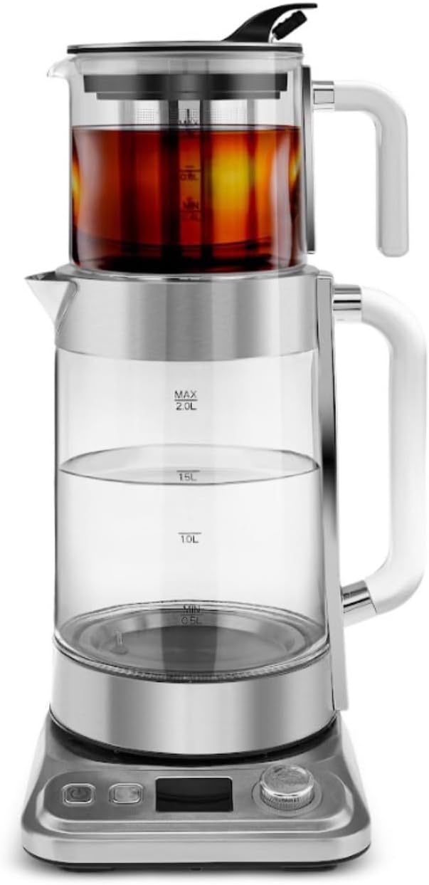 Karaca X Refika XL - Bollitore automatico per tè e caydanlik, 2 l, teiera in vetro da 0,8 l, multi-temperatura, modalità eco, 2200 W, macchina da tè per famiglia e ospiti, cromato