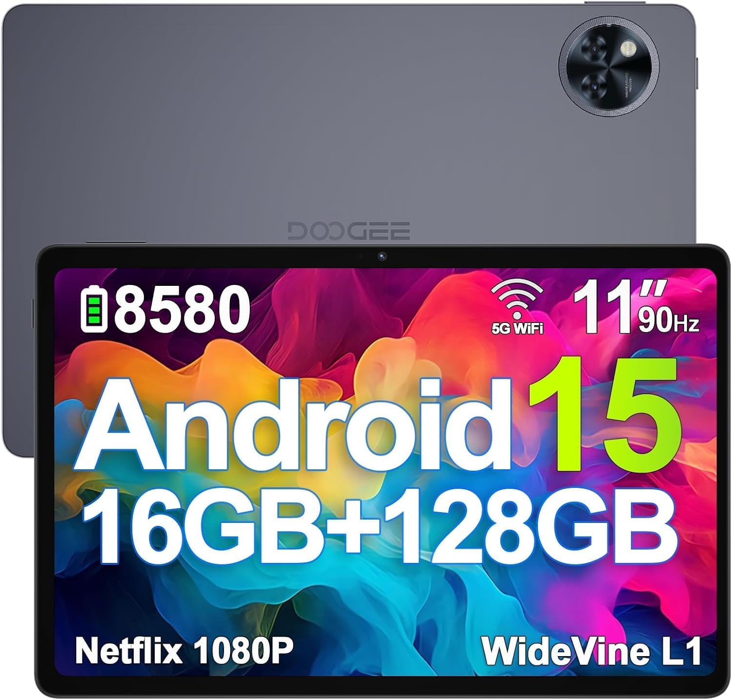 DOOGEE U11 Android 16 Tablet 11 Inch Gemini AI 16GB RAM +128GB ROM (2TB TF), 8580mAh Gaming Tablet Unisoc T7200 Octa-Core, Widevine L1+13MP+5MP, 2.4G+5G WLAN GMS/3.5mm Audio/OTG/GPS/Face ID