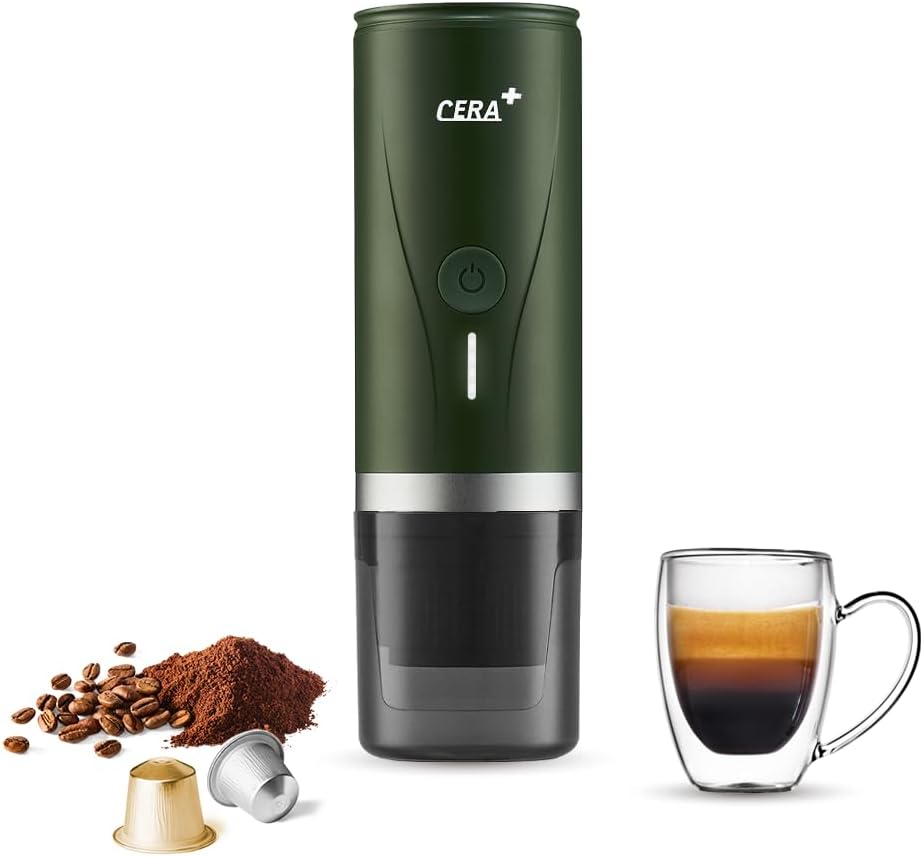 CERA+ Macchina per caffè espresso portatile elettrica con auto-riscaldamento in 3-4 minuti, mini macchina per il caffè da 20 bar con batteria ricaricabile. Compatibile con capsule NS e macinato(Verde)