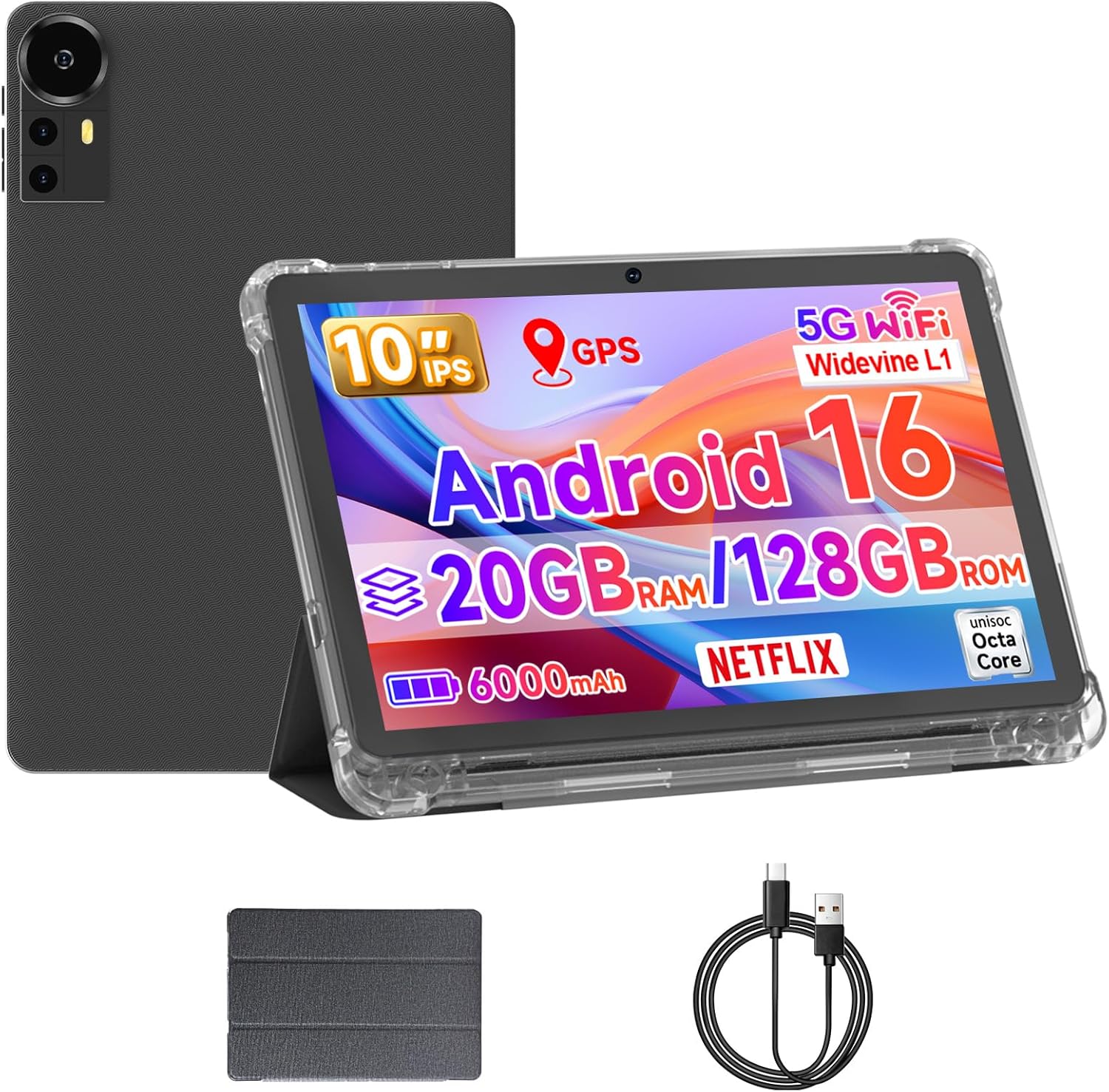 ICONLINK 10 Inch Android 15 Tablet with Case 20GB RAM+128GB ROM, 6000mAh Battery 10 Inch Android Tablet, 2MP+8MP Dual Camera 10.1'' IPS HD Touch Screen Tab. (Black(Black)