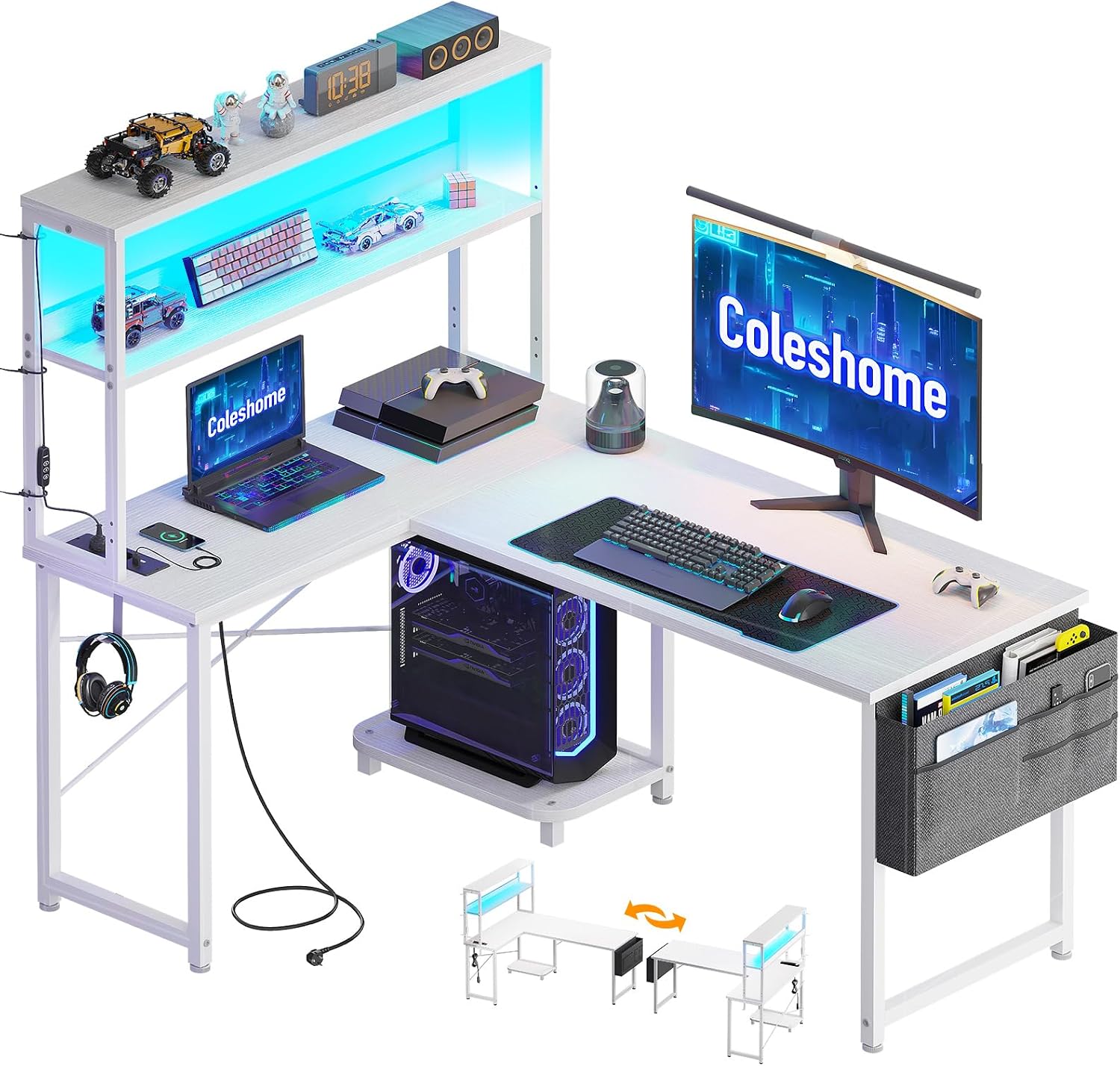 Coleshome Scrivania Gaming con LED e Prese, 135 × 100 cm Scrivania Gaming Angolare Reversibile con Scaffali Portaoggetti, Scrivania Angolare con Borsa Portaoggetti per Giocatori, Nero(110×80 cm/Bianco)