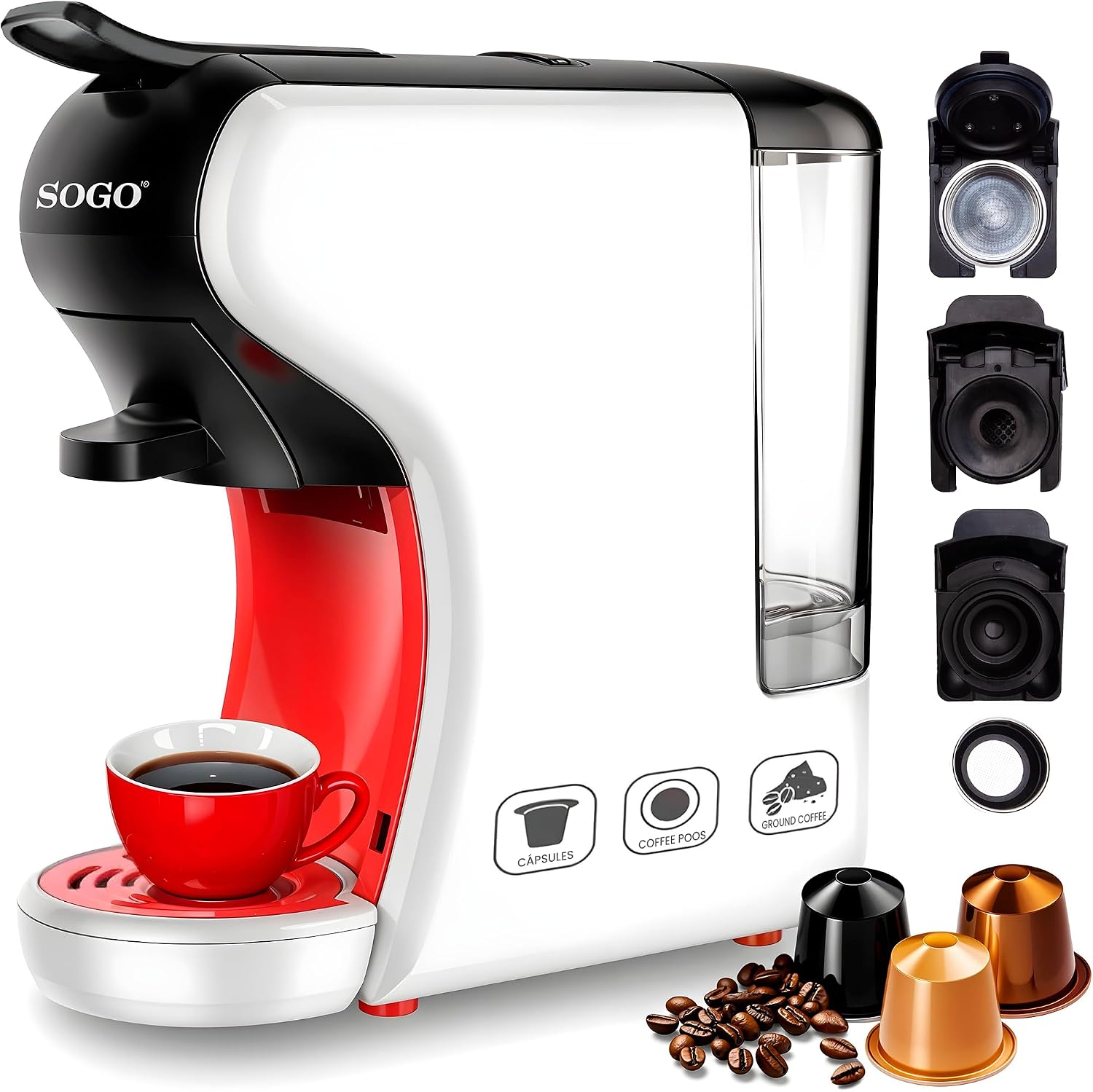 SOGO Macchina da caffè universale a capsule 3in1 - Macchina da caffè multicapsule 9 bar, 0,6, rosso (SS-5675)(Bianco)