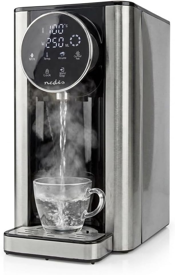 Nedis KAWD310FBK erogatore di acqua calda – serbatoio da 2,7 L – potenza 2600 W – riscaldamento rapido – controllo touch – alluminio/nero