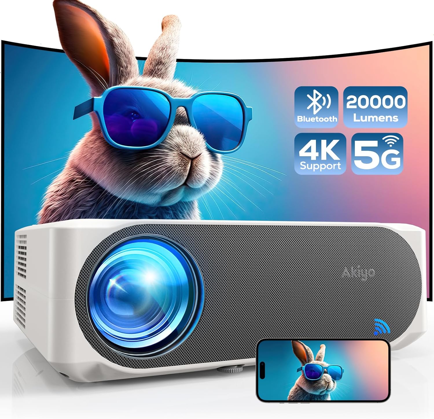 Projector 4K AKIYO 20000 Lumen WiFi 6 Bluetooth Full HD 1080P Outdoor Projector Zoom Function, 300 Inch Display for Home Theater, Compatible with TV Stick/HDMI/USB/iPhone/Android