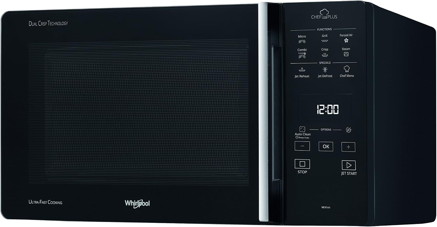Whirlpool MCP 349 SL Forno a Microonde Chef Plus termoventilato combinato, 25 Litri, Argento, con steamer, griglia alta, griglia bassa e piatto Crisp + maniglia(Nero/Single)