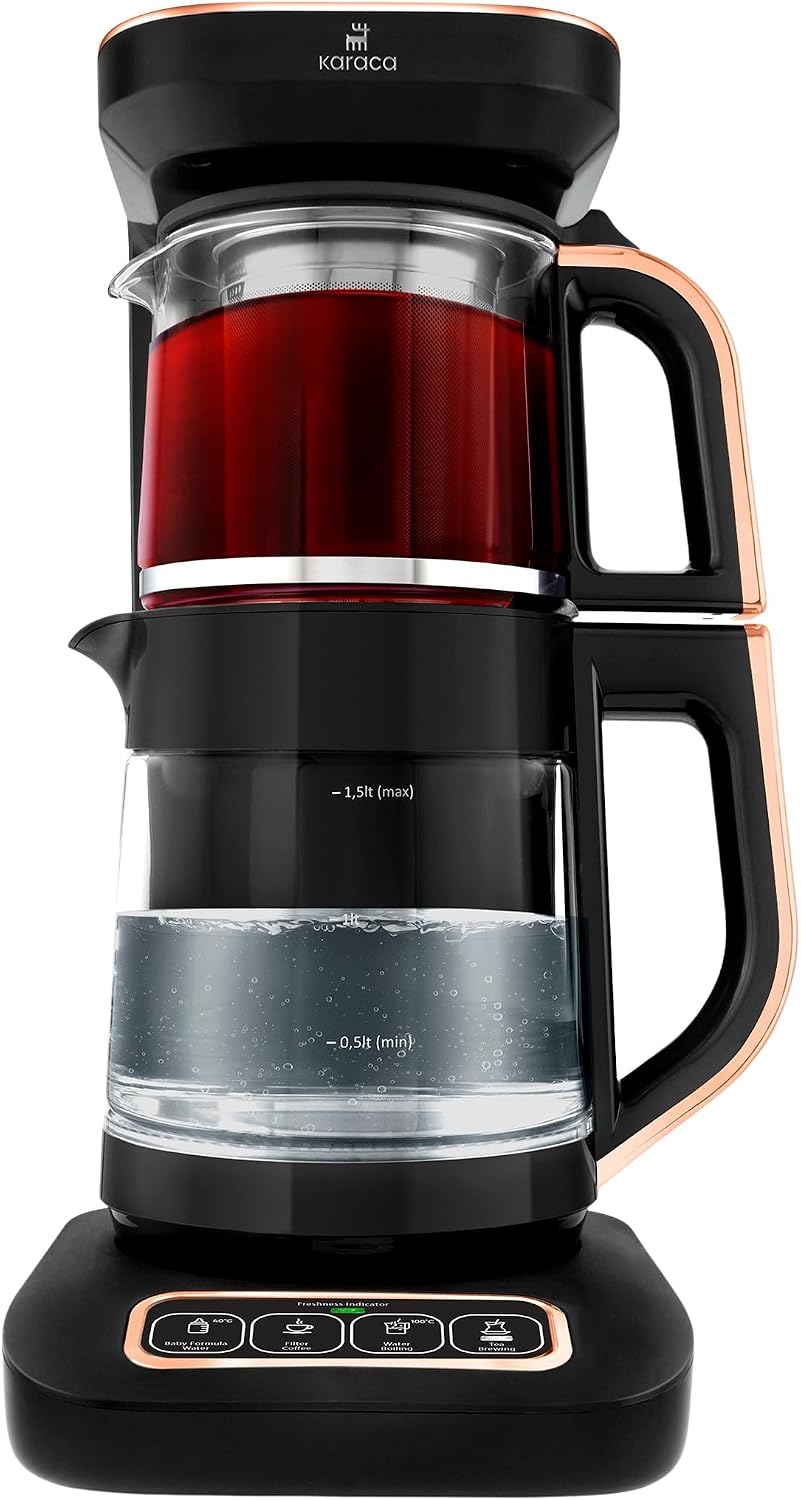 Karaca Caysever Robotea Pro 4 in 1 - Parlante Tisaniera Elettrica in Vetro con Funzione Caffè Filtro, 2,3 L, Teiera con Infusore e Bollitore Elettrico Temperatura Regolabile, 2500W - Rame Nero