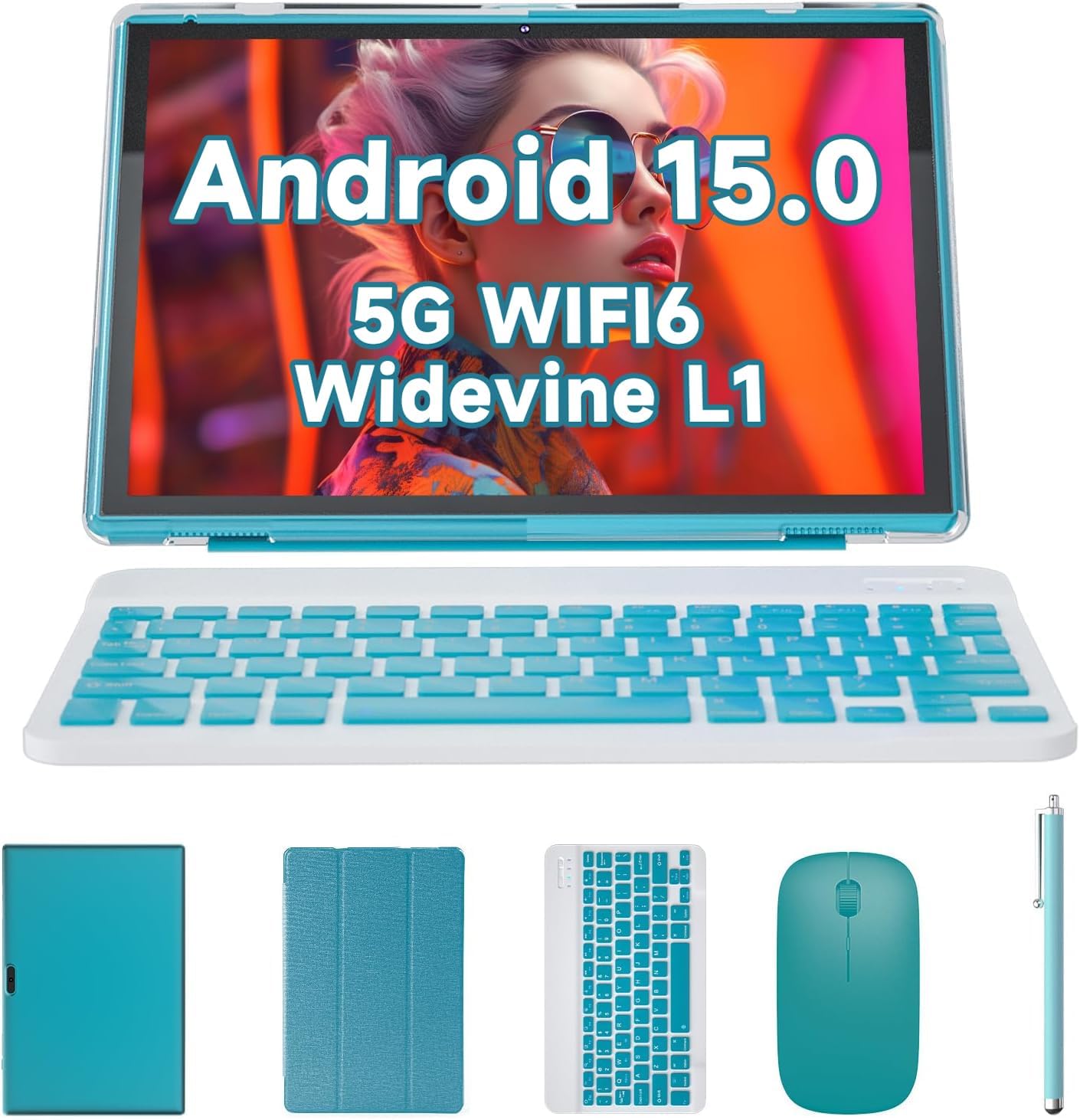 ATOZEE 2 in 1 Android 15 Tablet with Keyboard 10 Inch Tablets, Includes Mouse Stylus Pen Case, 6000mAh 8GB+32GB ROM 1TB Expandable Tablet, 2MP+8MP Dual Camera, WiFi-6 BT Tablet PC(4GB+32GB Set/marine)