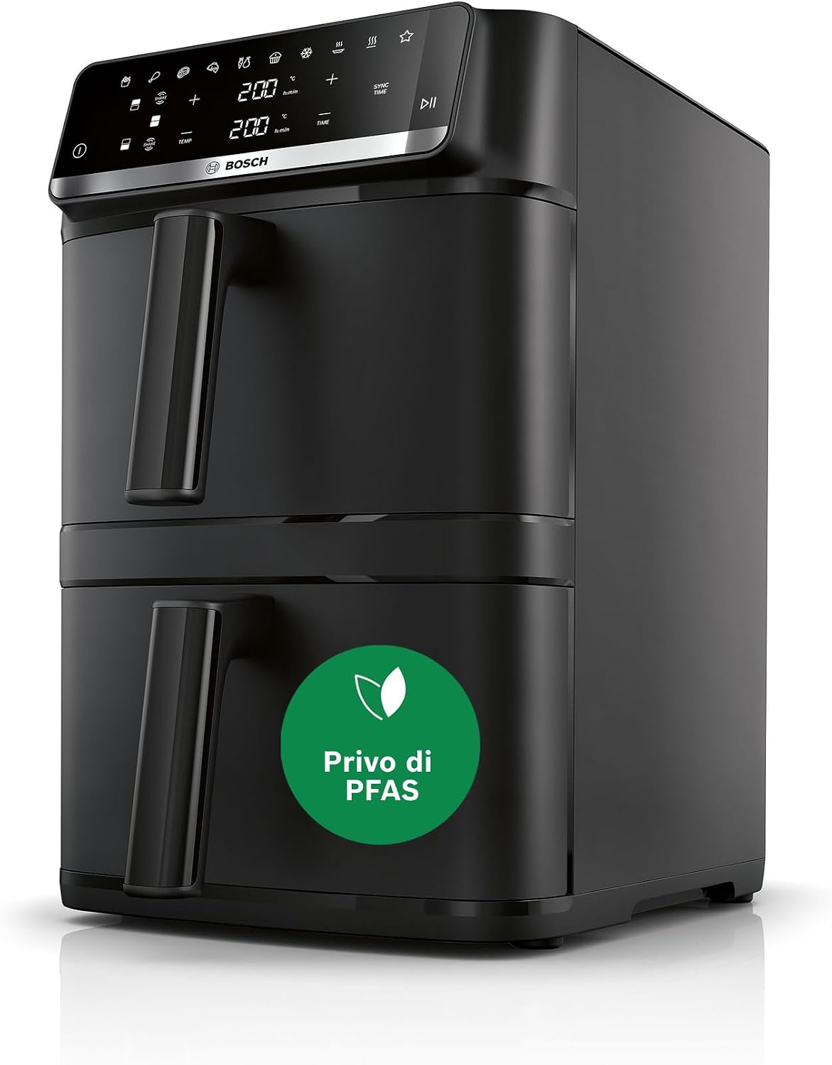 Bosch Friggitrice ad Aria Serie 6, XXL Doppio Cestello 12L, 2 Cestelli da 6L con Funzione SYNC, 6 Programmi Preimpostati, Rivestimento 100% Ceramica Non Tossico, Interno In Metallo, Nero, MAFD661B0