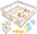 Akeraq Box Bambini 150x150cm, Recinto Gioco Imbottito con Tappetino Reversibile, Peluche Sonaglio Sensoriale, Palline Colorate e Anelli di Sostegno(Classic Edition/120x120cm Standard Edition)