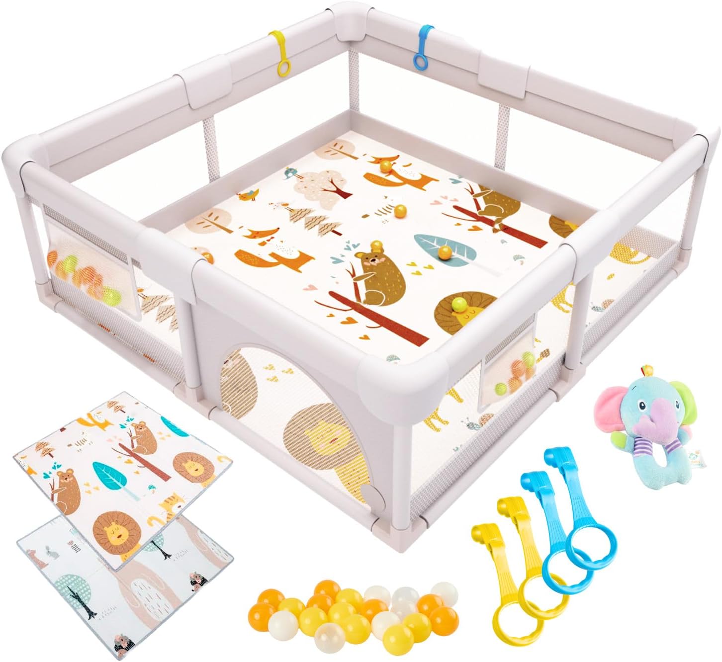 Akeraq Box Bambini 150x150cm, Recinto Gioco Imbottito con Tappetino Reversibile, Peluche Sonaglio Sensoriale, Palline Colorate e Anelli di Sostegno(Classic Edition/120x120cm Standard Edition)