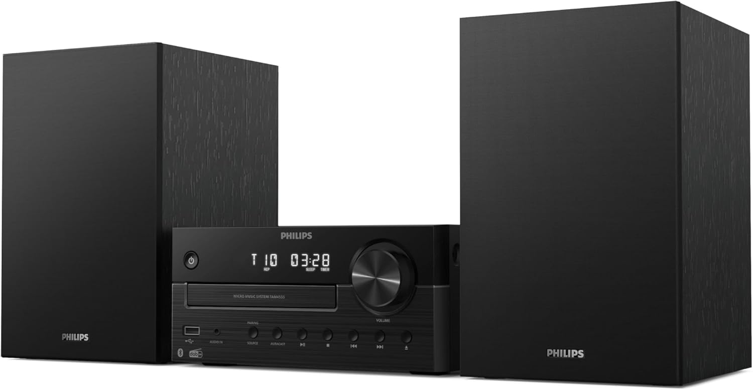 Philips TAM4555M2 Micro Hi-Fi System - 100W, Bass Reflex Speakers, DAB+/FM, CD, USB, Audio-in, Bluetooth 5.4, Auracast, Remote Control, Digital Sound Preset, Eco-Friendly Packaging