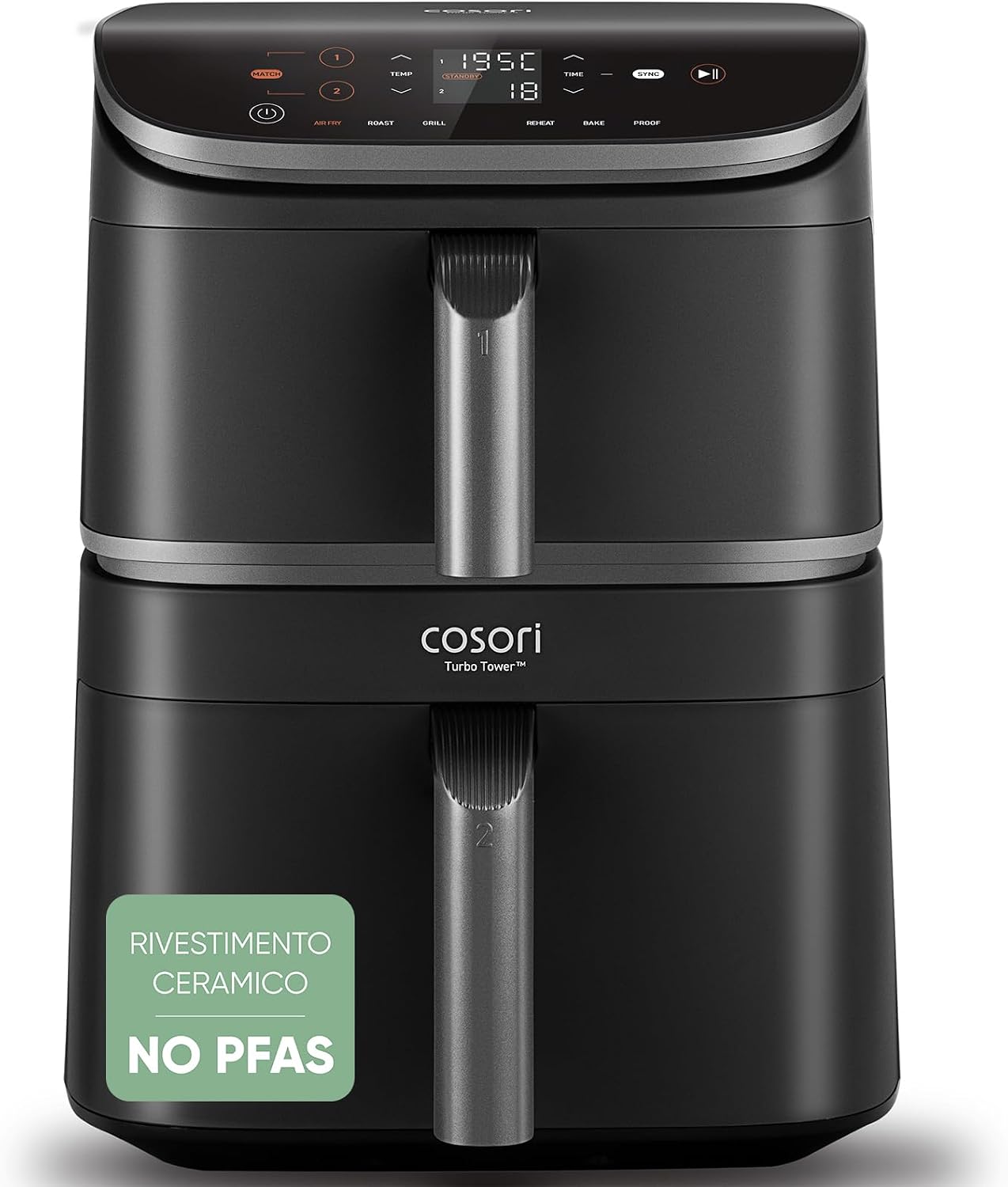 COSORI Turbo Tower Pro Friggitrice ad Aria 10,8L Doppio Cestello, Rivestimento Ceramico No PFAS, Cottura a 3 Livelli con Doppia Resistenza, 2630W, 7 Funzioni, 2 Motori DC,DC112(Turbo Tower Pro/Grigio)