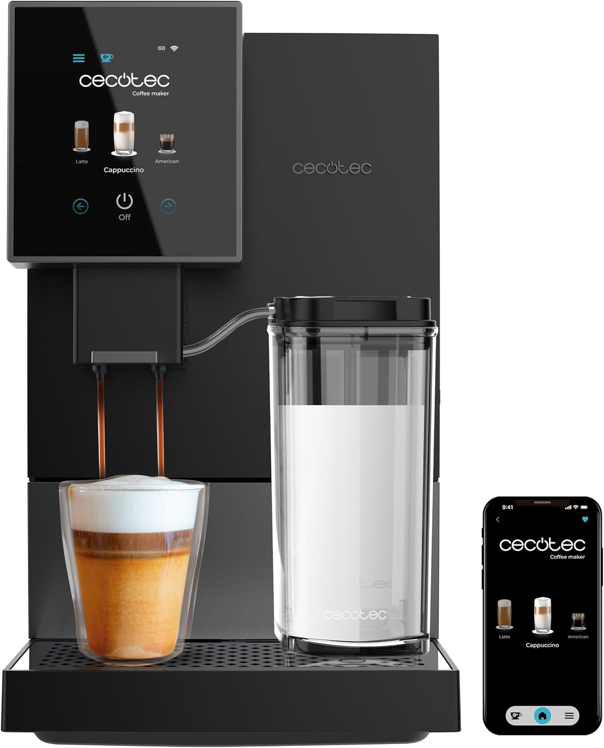 Cecotec Cremmaet Compactccino Connected Black Silver, 19 bar, schermo WiFi, serbatoio latte 400 ml, serbatoio acqua 1.1L, pulizia automatica, nero e acciaio(Nero - Acciao Inox/Serbatoio Acqua-Latte | WiFi)
