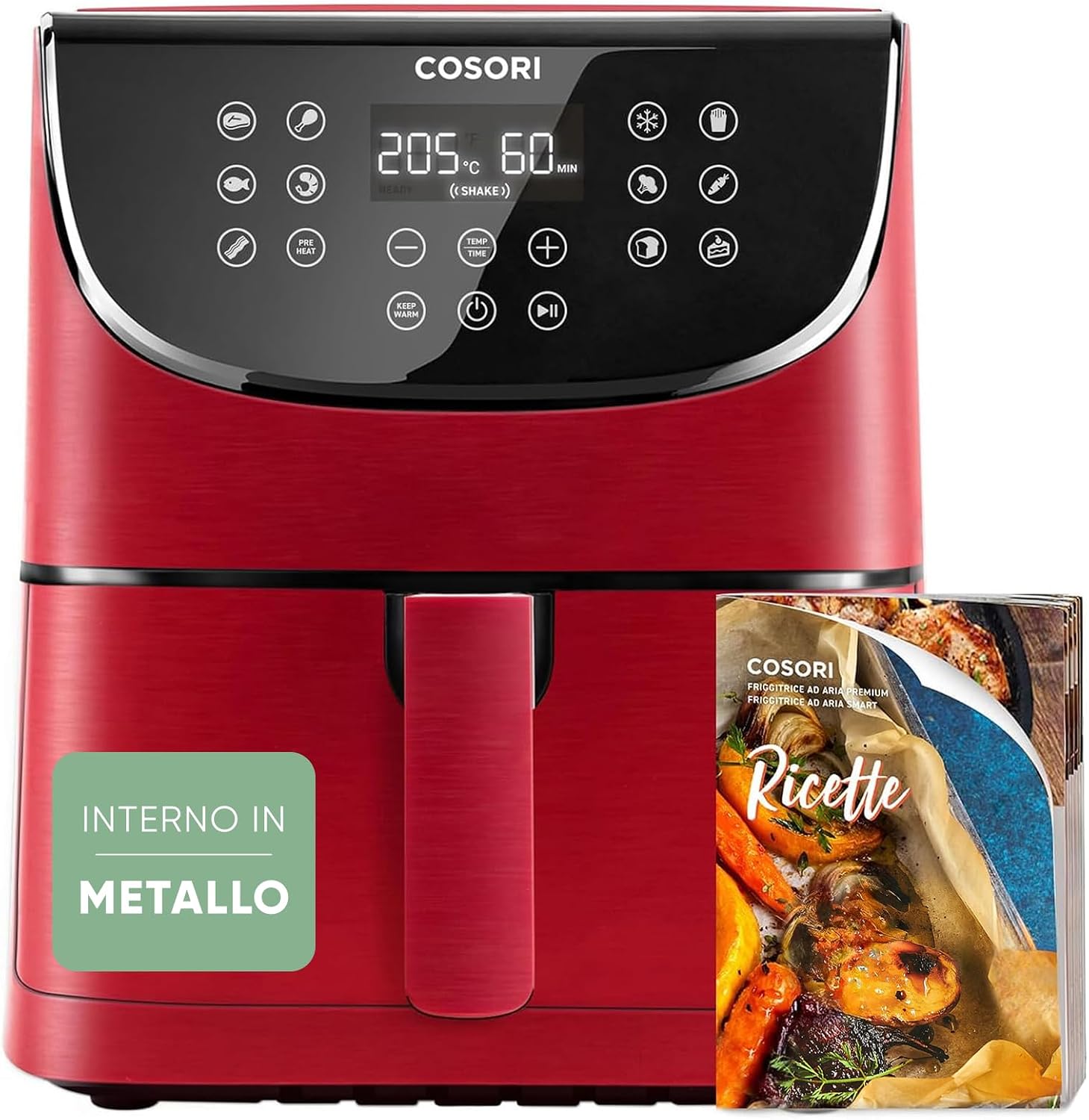 COSORI Friggitrice ad Aria 5,7 Litri, Air Fryer, 13 Funzioni, 97% Meno Olio, 67.5% di Risparmio Energetico, 75-205°C, 40 Ricette Italiane, Display Digitale, Lavabile in Lavastoviglie, CP158 Nero 1700W(Rossa)