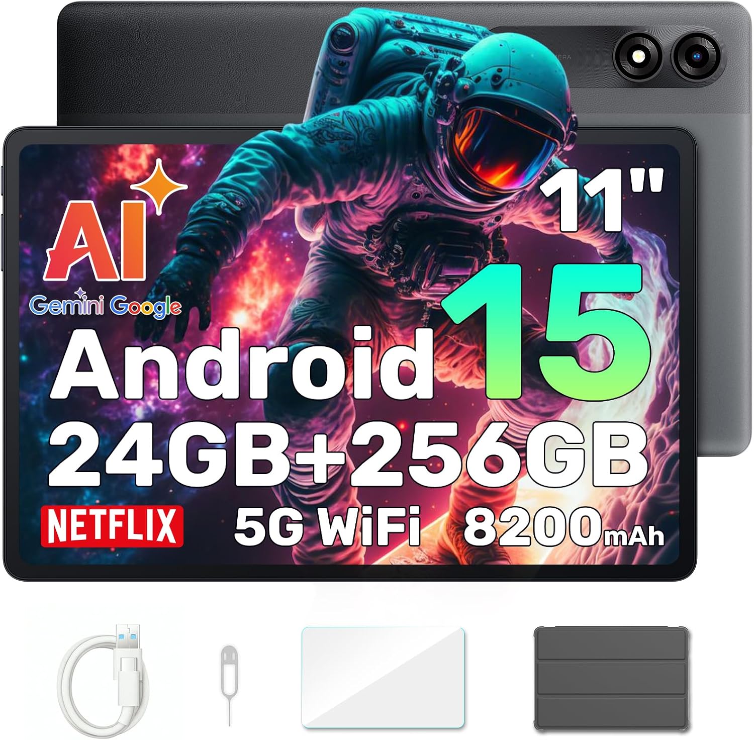 Blackview 11 Inch Android 15 Gemini AI Tablet, 24 GB RAM + 256 GB ROM (2 TB TF) 8200 mAh/1920 * 1200 FHD IPS Widevide L1/Mode PC/Face ID/Octa-Core Tablet with Cover(Gray)