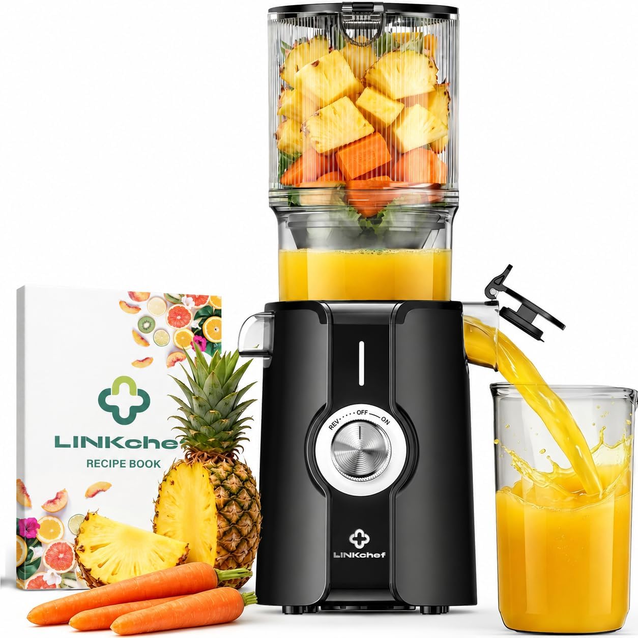 LINKChef Estrattore di succo per frutta e verdura, apertura 115 mm, 1,2 L, 200 W, slow juicer machine per frutta e verdura intere, senza BPA, facile da smontare e pulire, ricette incluse(Nero Tecnologico)