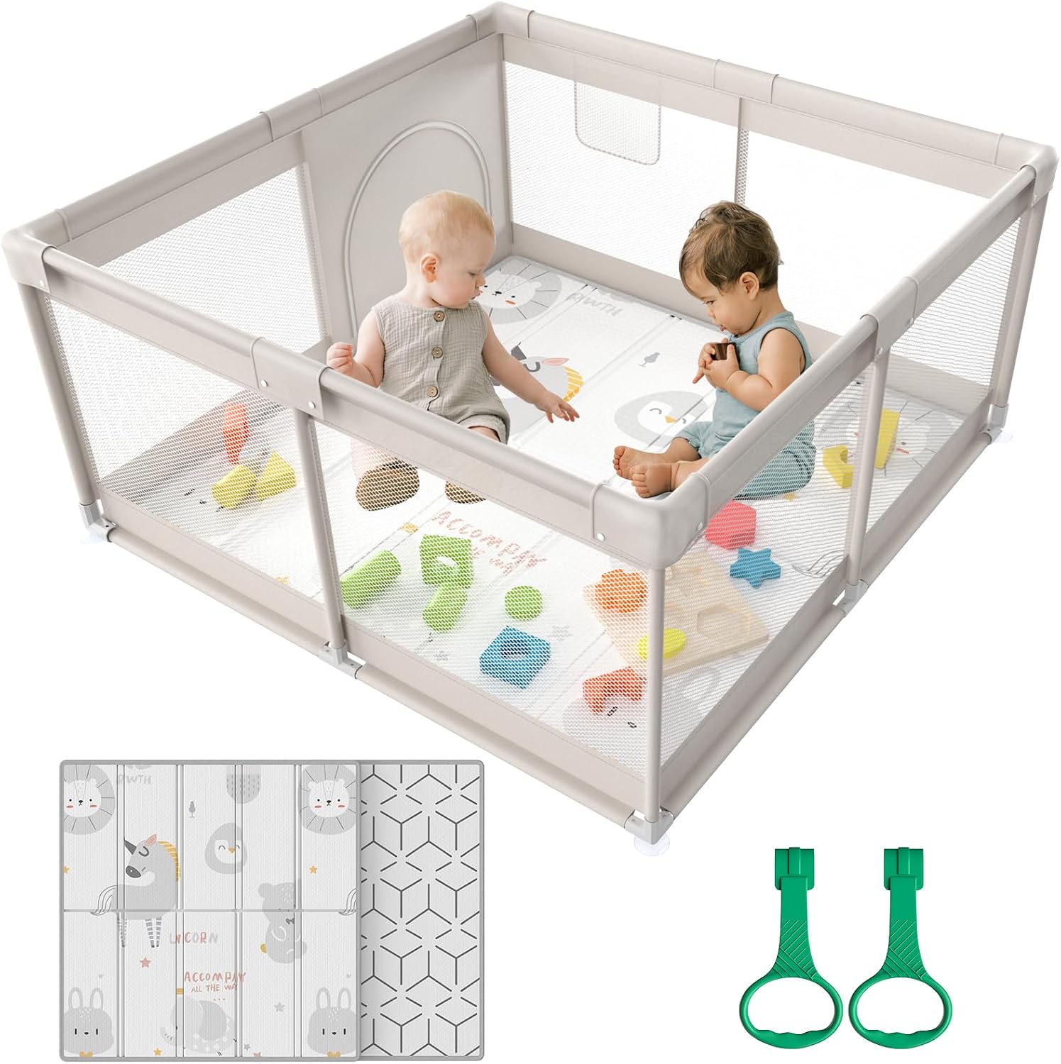 Cafolatt Box Bambini, 120x120cm Box Neonato adatto Per Appartamenti, Recinto Bambini Con Tappeto 120cm Materassino, 2 Maniglie