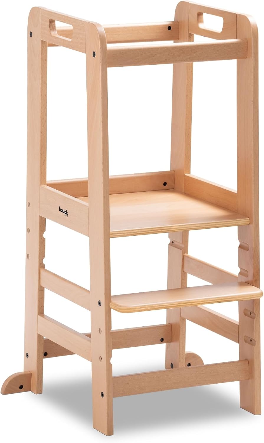 hauck Learn N Explore, Naturale - Torre Montessoriana Bambini da 1 Anno fino a 40 kg - Torre d'Apprendimento in Legno di Faggio - Regolabile in Altezza(Naturale)