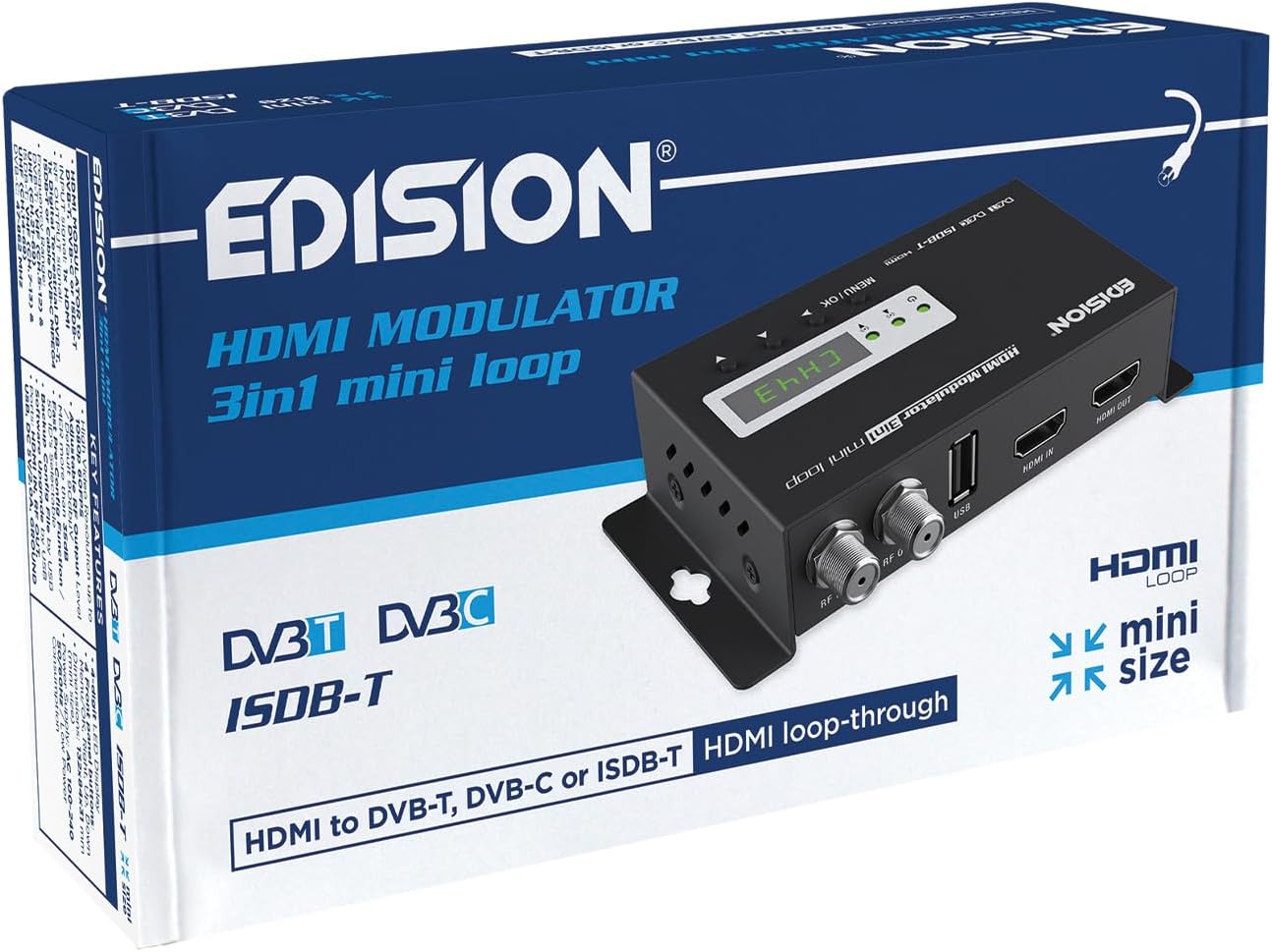 EDISION HDMI Modulator 3in1 Mini Loop, HDMI Modulator to Terrestrial DVB-T, ISDB-T or DVB-C Cable, Full HD Distribution over Coaxial Cable, H D M I -OUT, RF-in, Mini Format, LED Display, Plug  Play