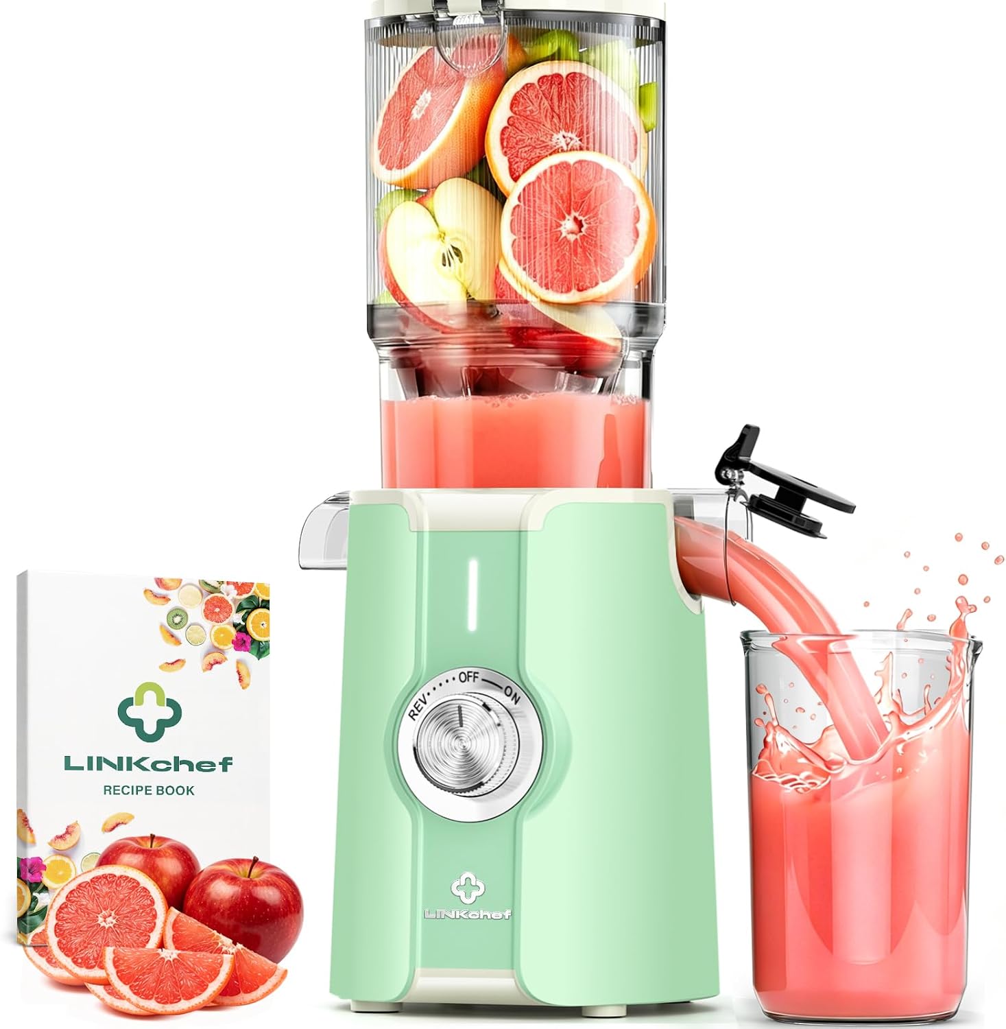 LINKChef Estrattore di Succo a Freddo | 200W Estrattore Frutta e Verdura Intera | Bocca Larga da 115mm | Con Ricettario Incluso | Senza BPA | Facile da Pulire con Funzione Inversa | Verde chiaro(Verde Chiaro)