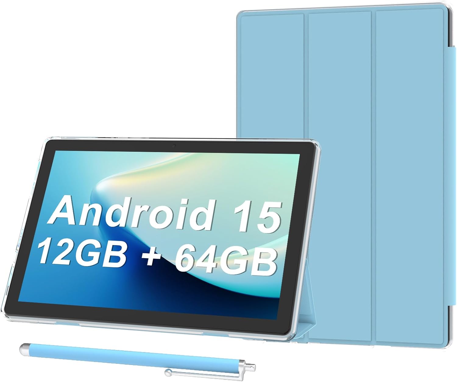 Android 15 10 Tablet with Case, 10GB RAM + 64GB ROM (Expandable to 1TB), Quad Core Processor, 5G WiFi 6, BT5.0, HD 1280x800 Screen, 6000mAh, Dual Camera, GMS, Widevine(blue)