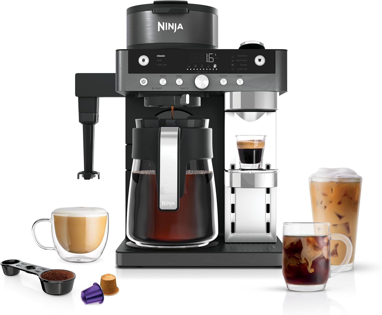 Ninja Prestige Macchina per caffè filtrato e in capsule 2 in 1, con schiumatore integrato, per latte, caffè con ghiaccio e flat white, nero CFN802EU(Grigio)